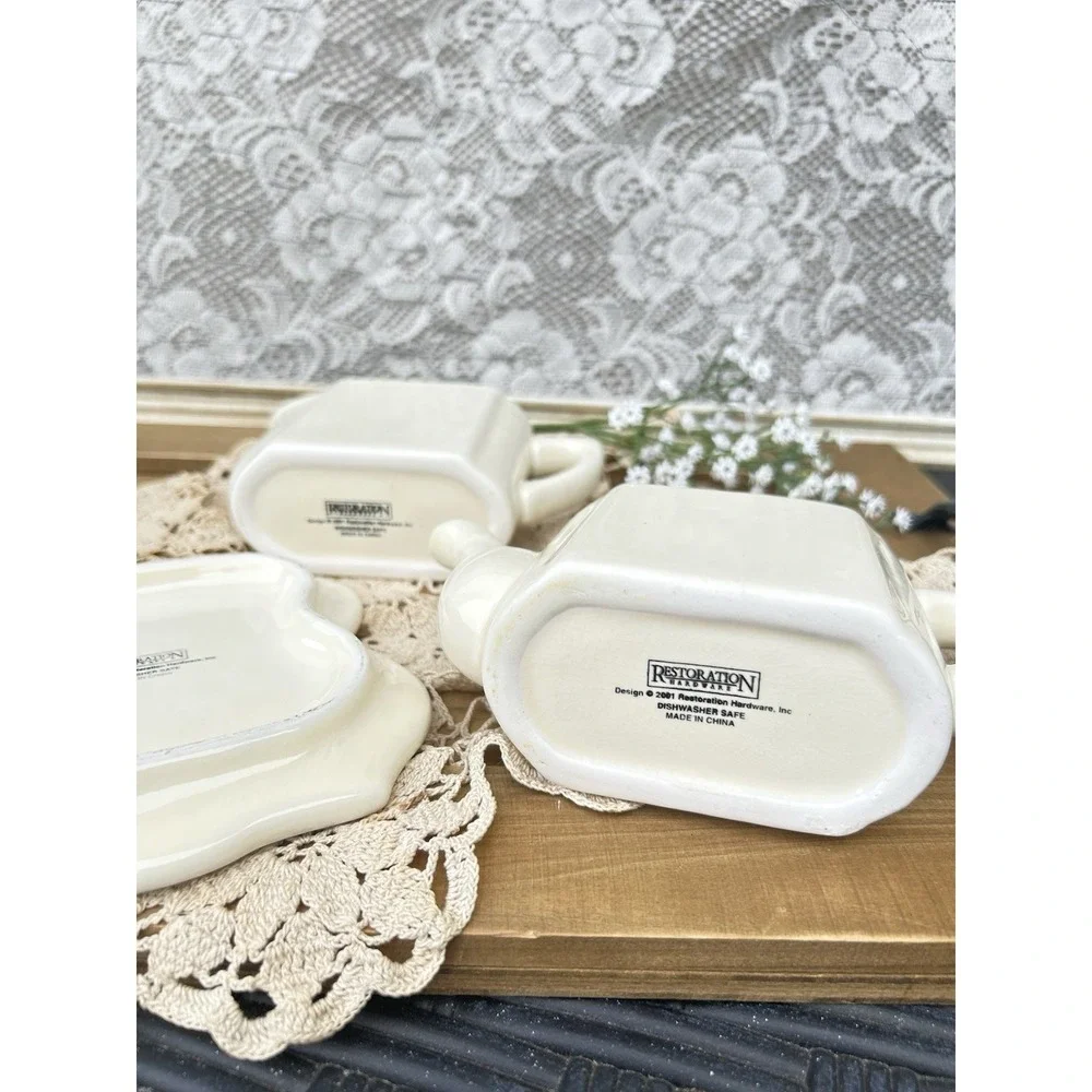2001 RESTORATION HARDWARE CREAM STONEWARE TEA FOR TWO TEAPOTS SET WITH TRIVET